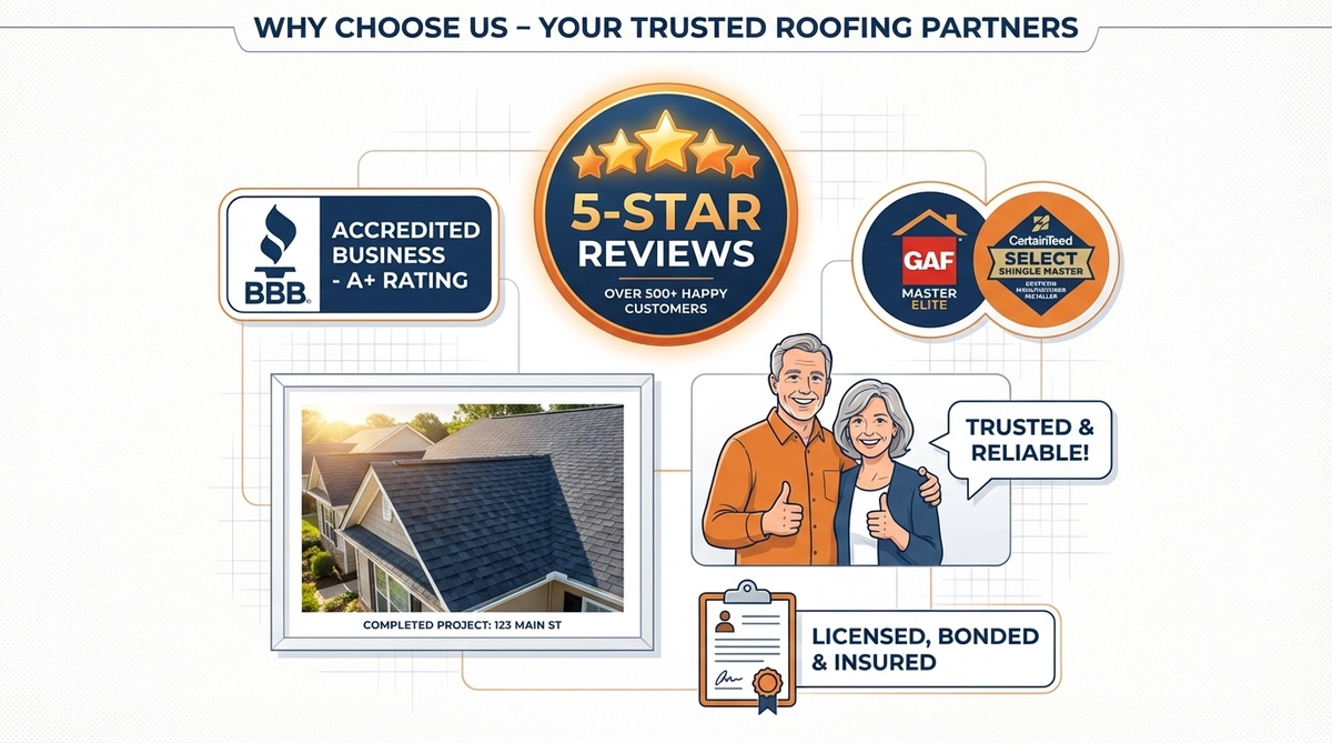 Composite illustration showing trust-building elements including glowing five-star review ratings, Better Business Bureau badge, manufacturer certifications (GAF, CertainTeed concepts), real roofing project photo frame, smiling homeowner giving thumbs up, and license/insurance documentation icon on navy blue and white background