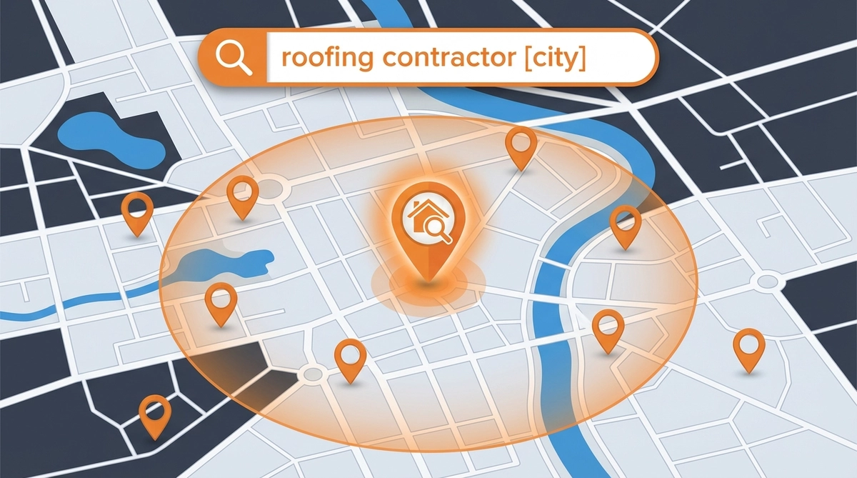 Stylized city street map in muted blue tones with multiple location pins showing roofing service areas, central pin glowing in orange, search bar graphic at top showing 'roofing contractor near me' query, and blue radius circle indicating coverage area