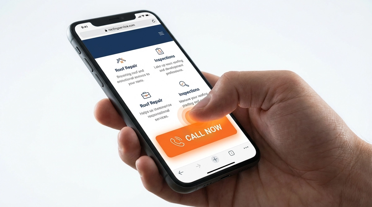 Close-up of smartphone held in hand displaying roofing website with bold CALL NOW button prominently highlighted with orange glowing effect, finger gesture near button, clean background